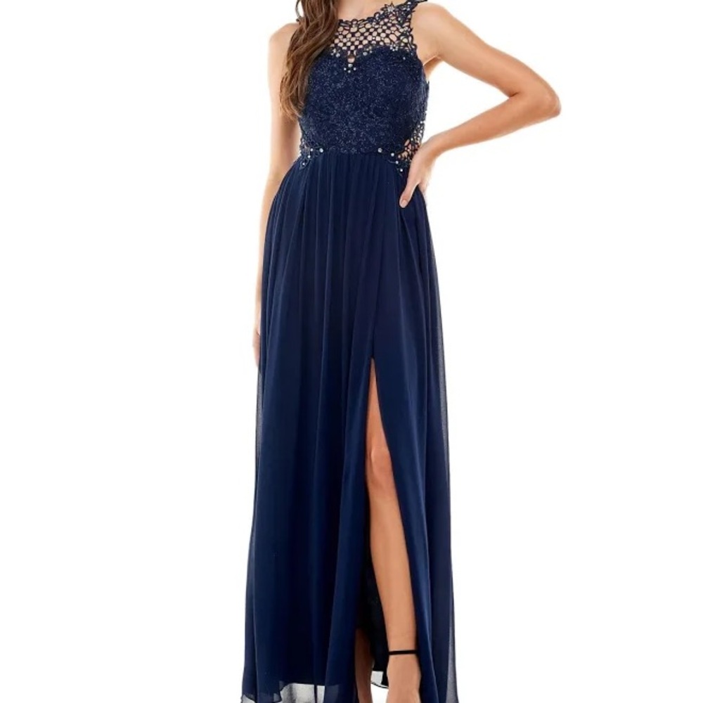 Women’s City Studio Juniors Embellished Illusion Tulip Gown- Blue